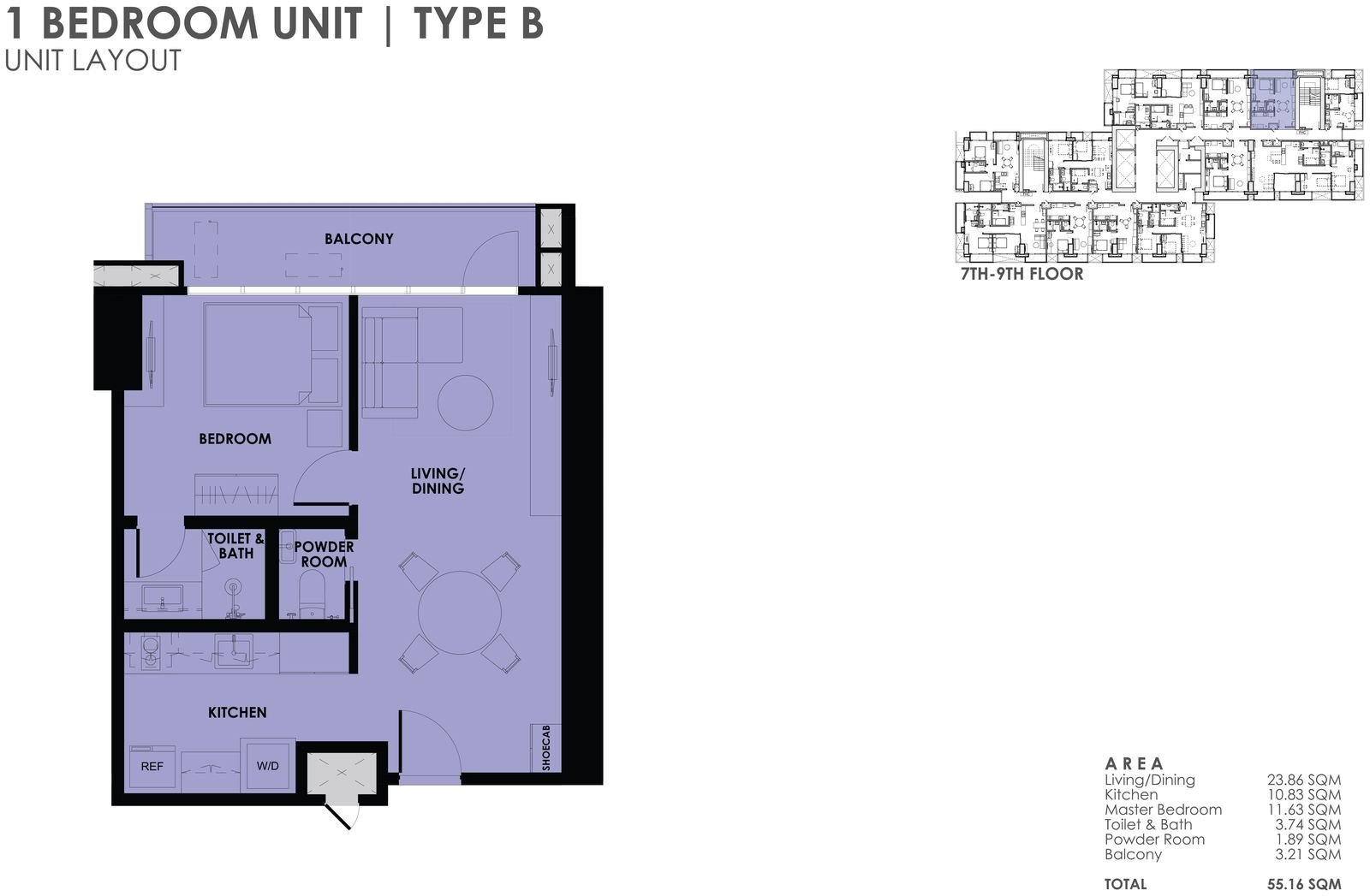 1BR Type B unit layout plan