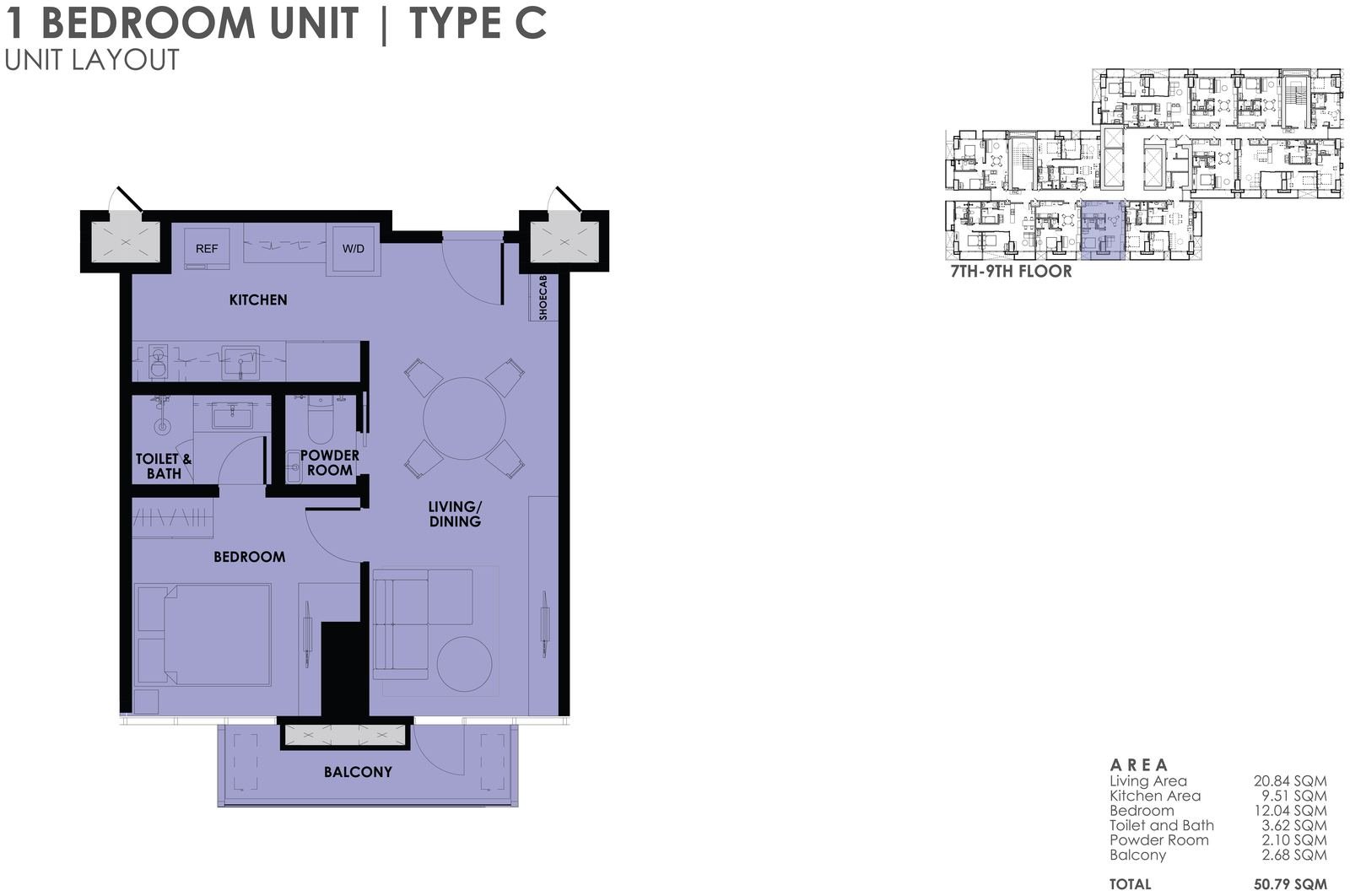 1BR Type C unit layout plan