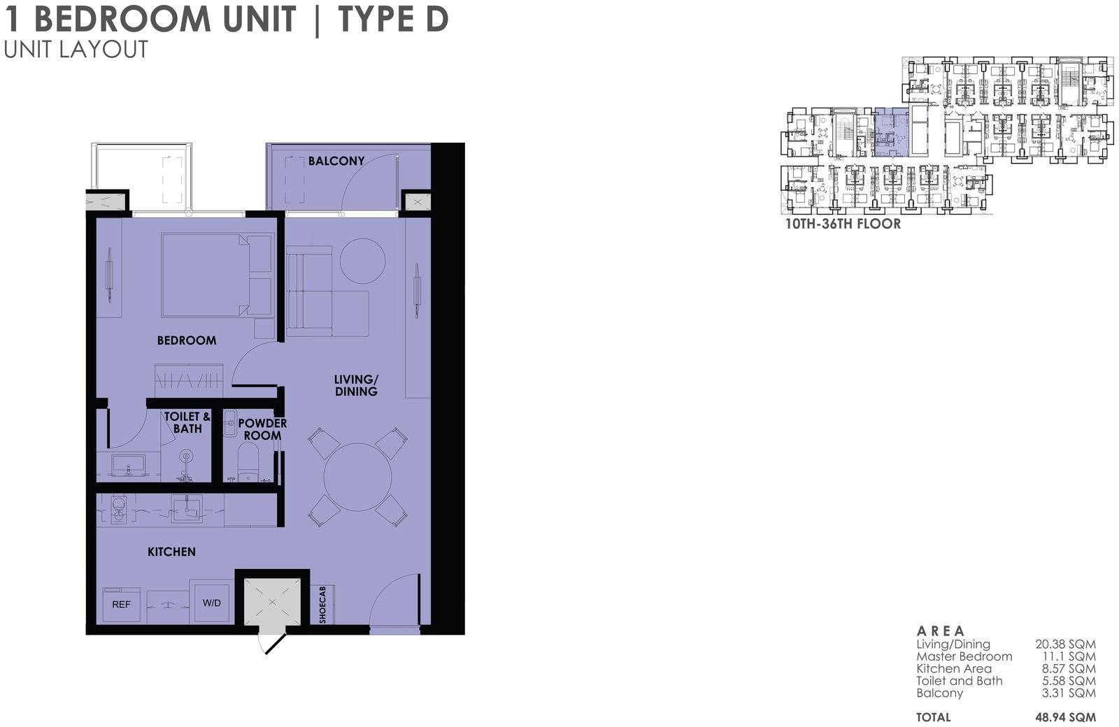 1BR Type D unit layout plan