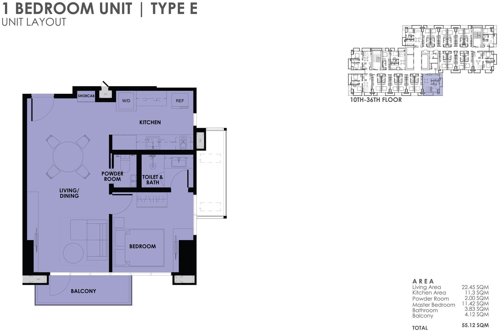 1BR Type E unit layout plan