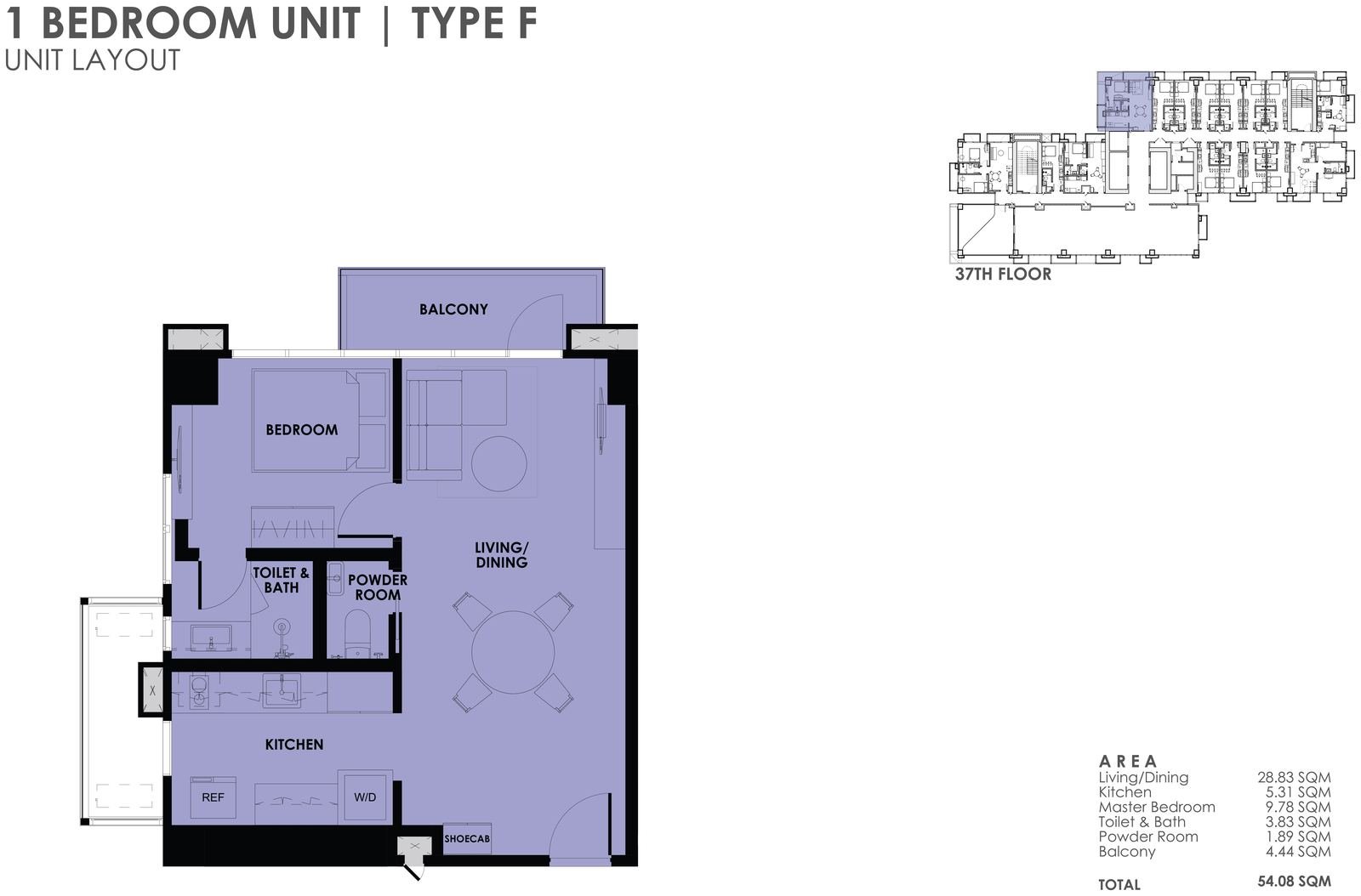 1BR Type F unit layout plan