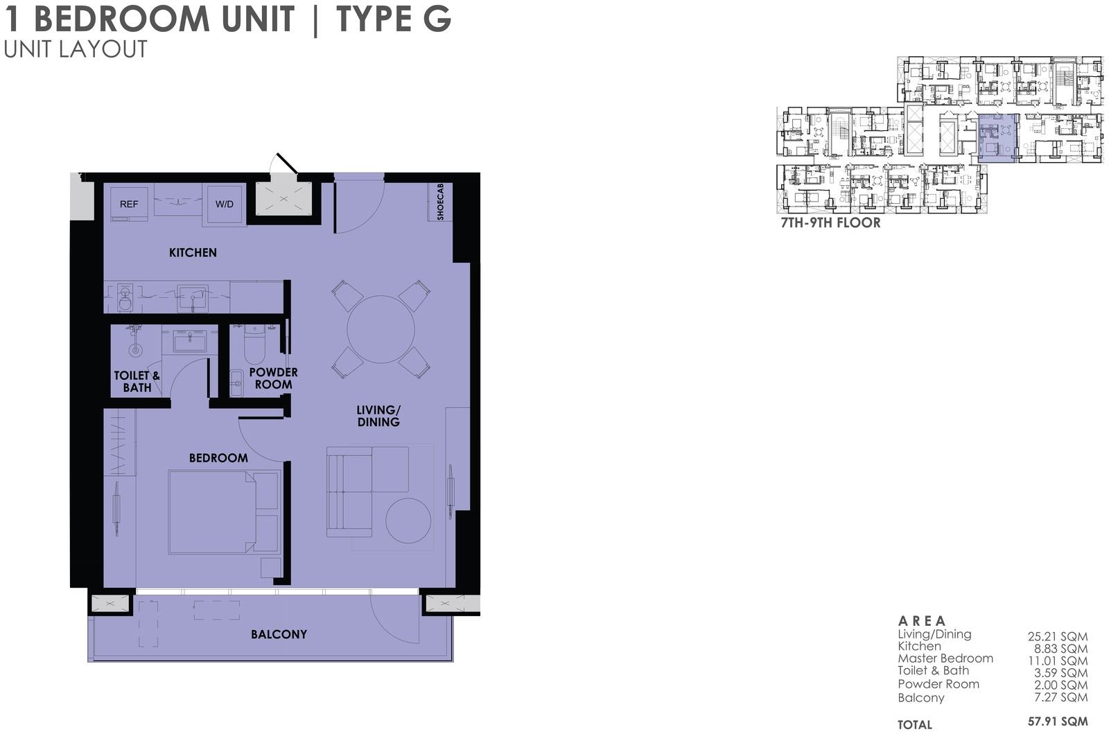 1BR Type G unit layout plan