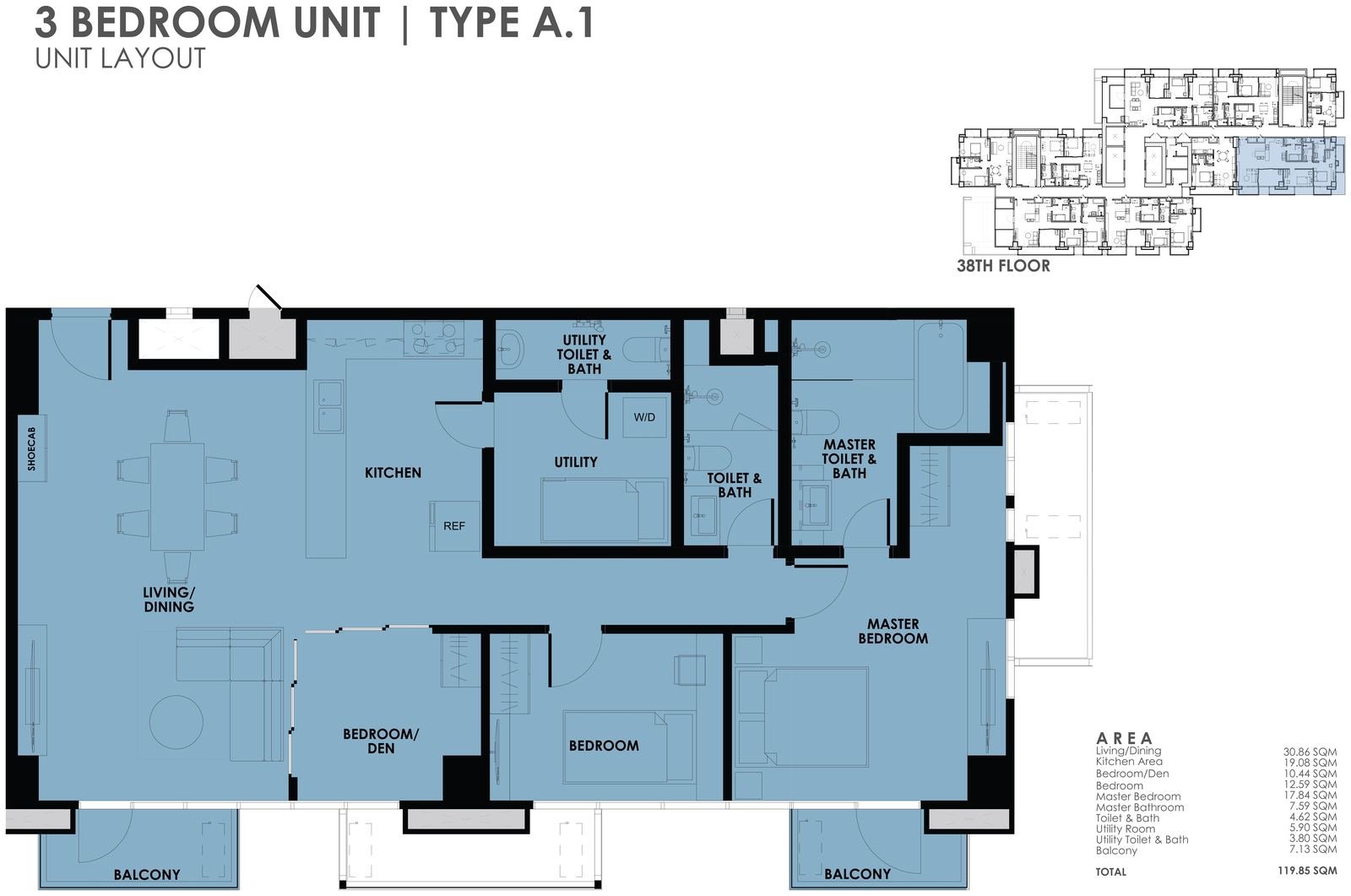 3BR Type A.1 unit layout plan