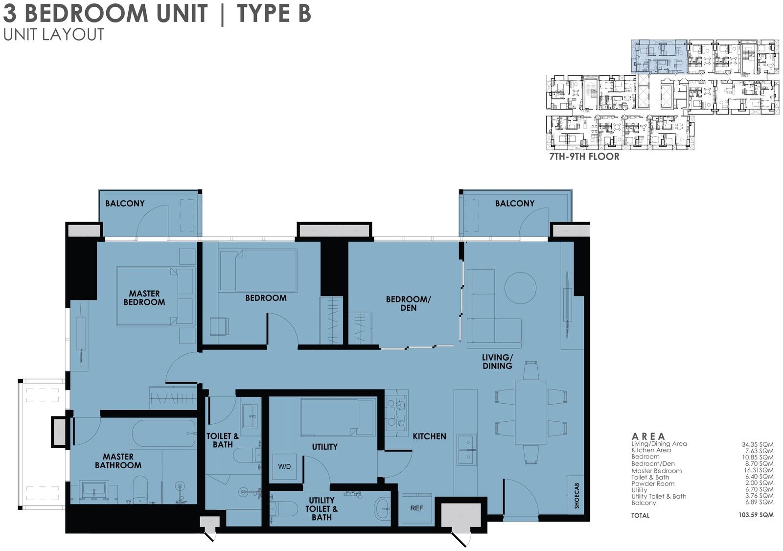 3BR Type B unit layout plan