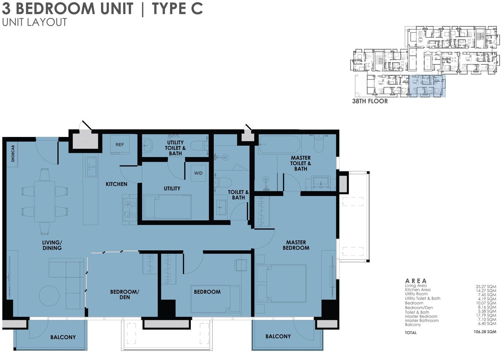 3BR Type C unit layout plan