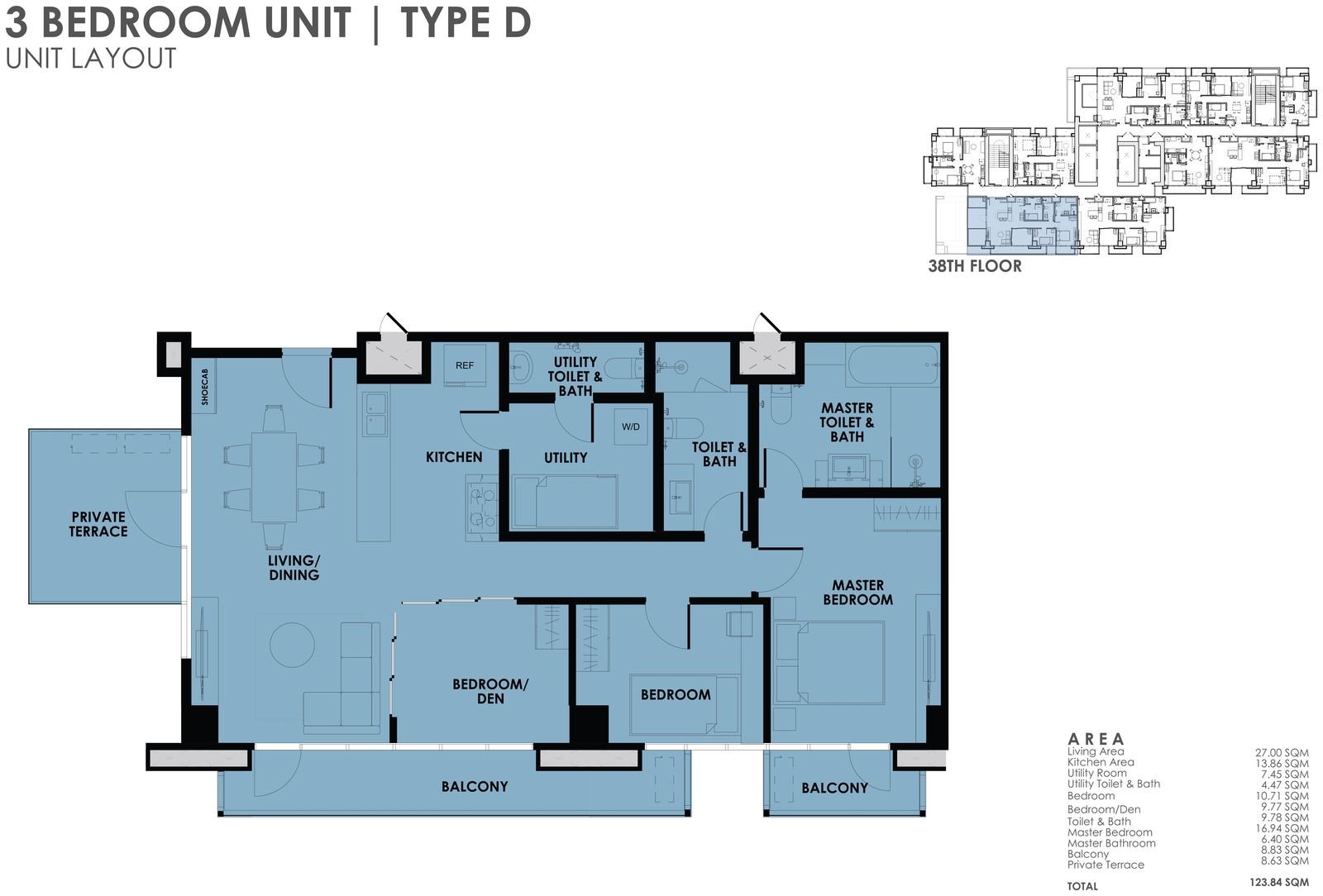 3BR Type D unit layout plan