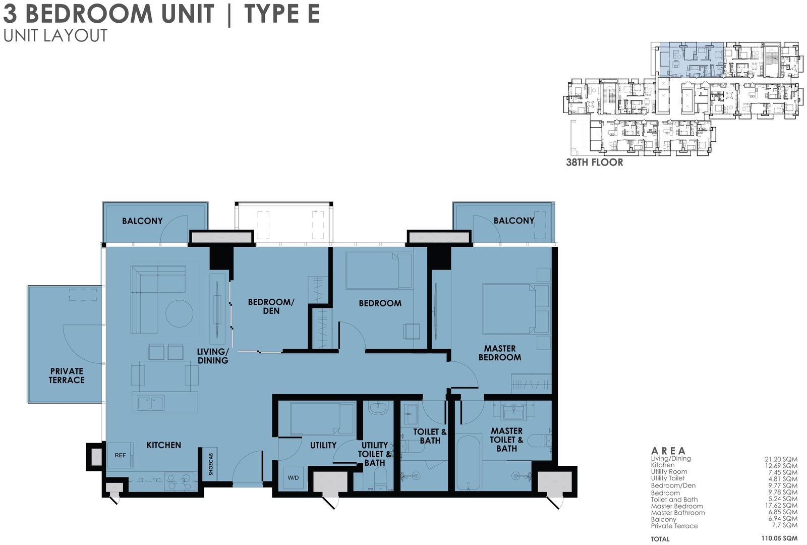 3BR Type E unit layout plan