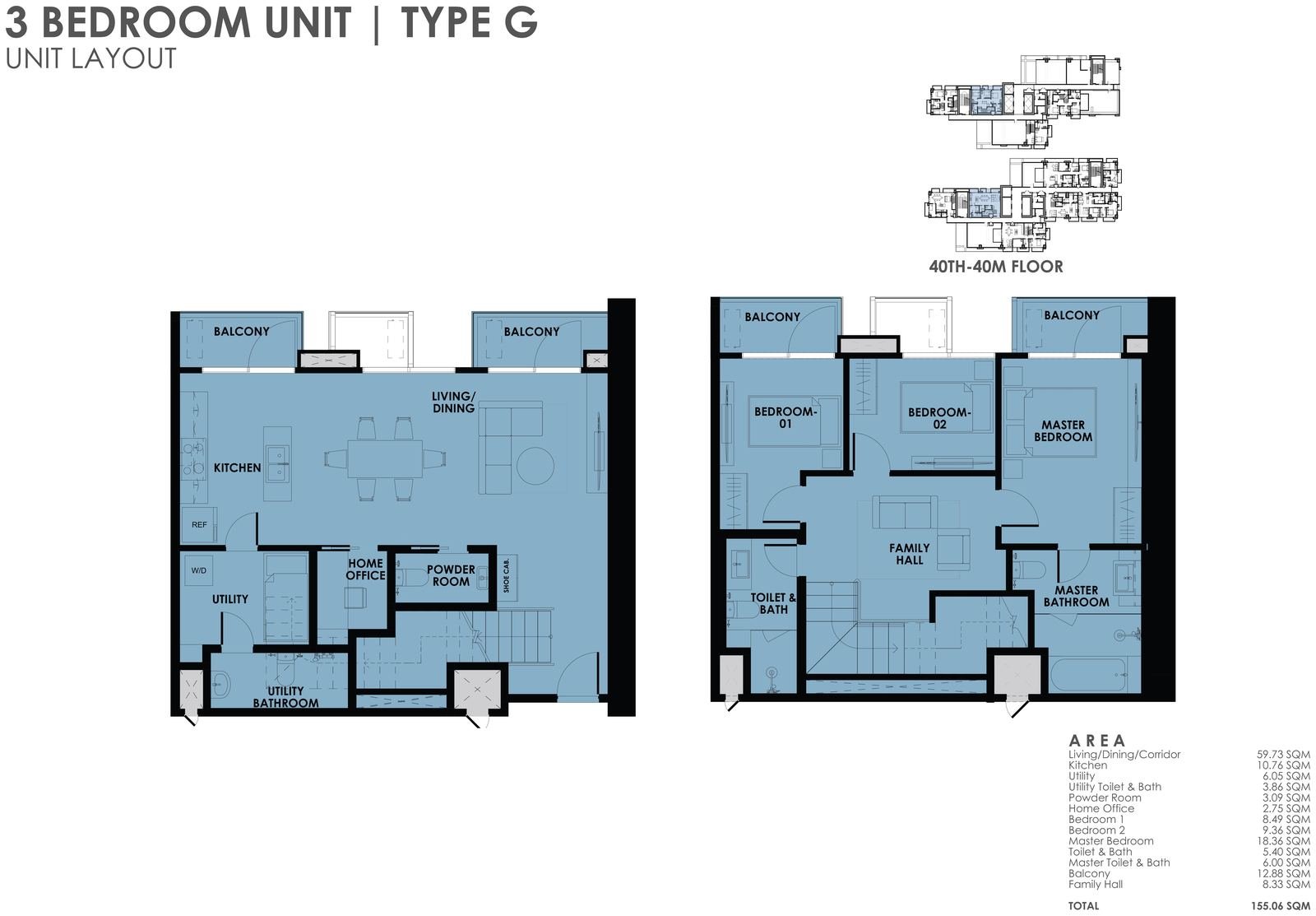 3BR Type G unit layout plan
