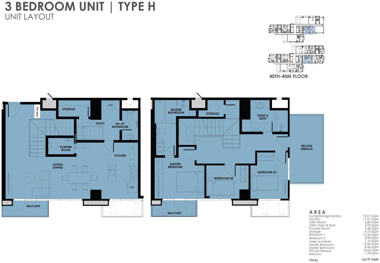 3BR Type H unit layout plan