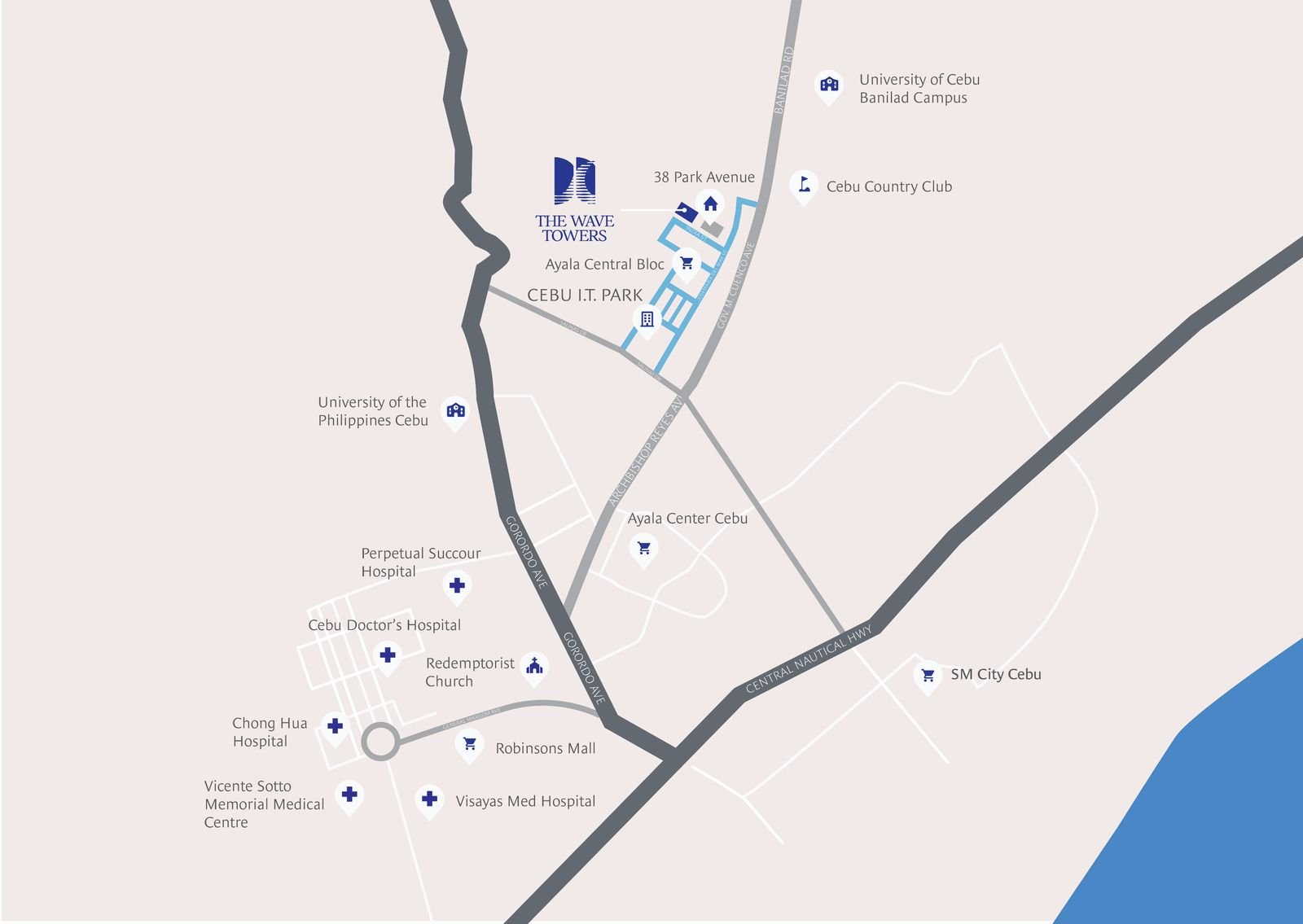Map of Cebu I.T. Park showing the location of The Wave Towers
