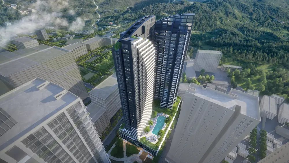 The development from above, with the amenity deck · Architect's perspective