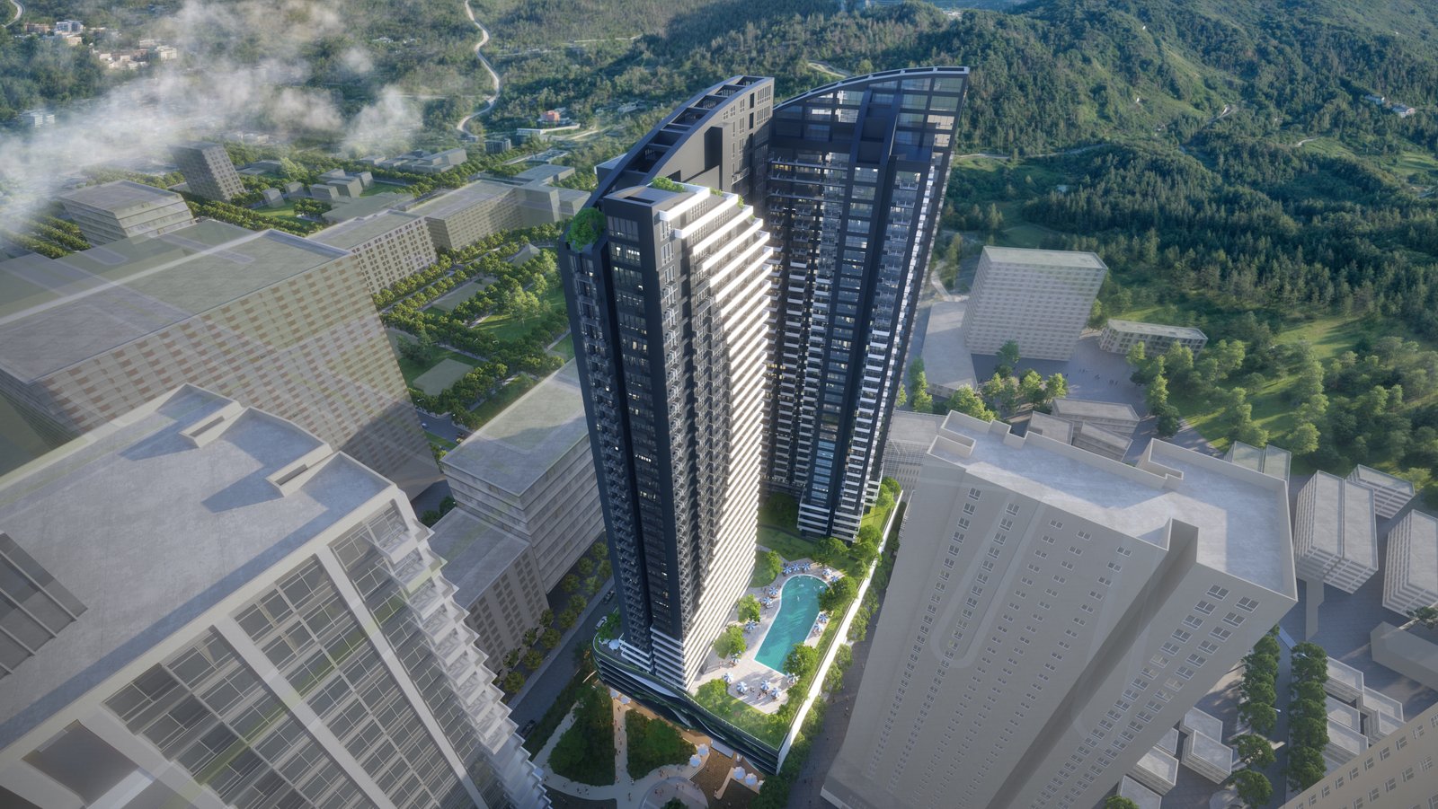 The development from above, with the amenity deck · Architect's perspective